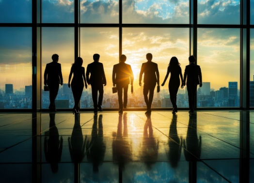 夕日に向かって歩く社員の写真